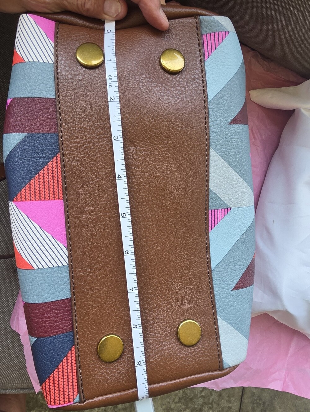 Fossil Brown Tote with Pink, Blue and Cream Geometric Panels - Picture 3 of 16